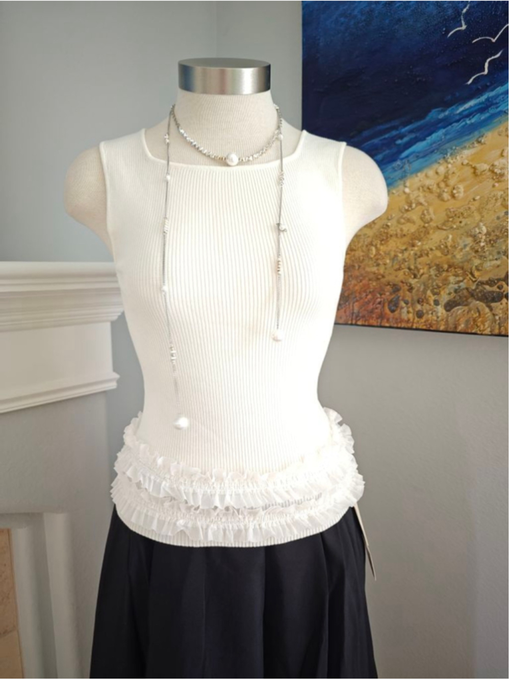 Women's Silk/Cotton/Tencell White Ribbed Ruffle Tank Top